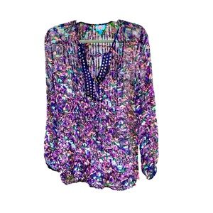 Plenty By Tracy Reese Silk Long Sleeve Sheer Top With Bright Floral Design SZ 4.